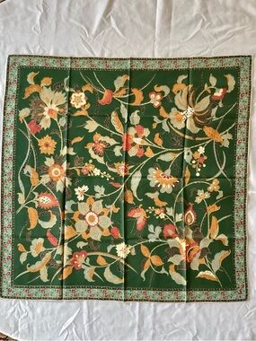 Vintage Silk Feel Large Square Scarf - Emerald Green Floral Batik Print - 30"